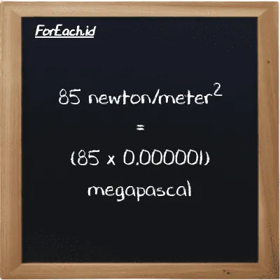 How to convert newton/meter<sup>2</sup> to megapascal: 85 newton/meter<sup>2</sup> (N/m<sup>2</sup>) is equivalent to 85 times 0.000001 megapascal (MPa)